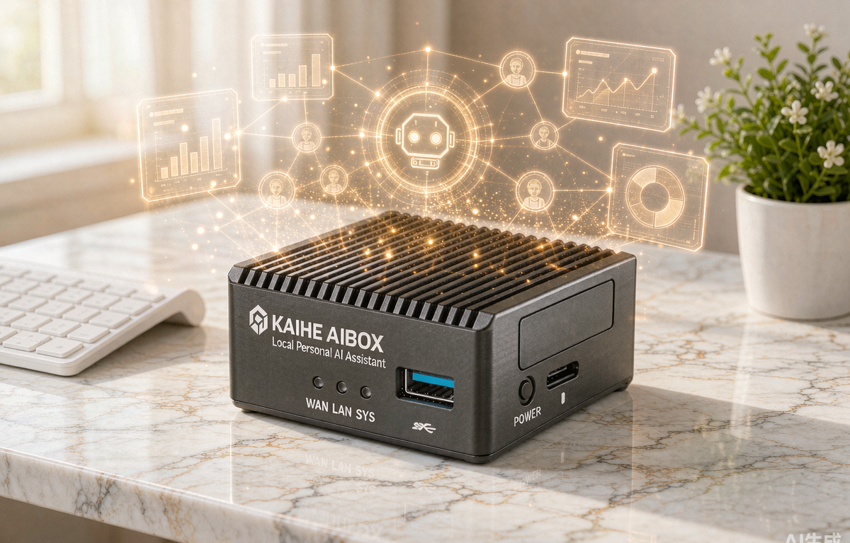 KAIHE AIBOX agent computer on a white marble desk, with a golden holographic network of agent panels floating above it