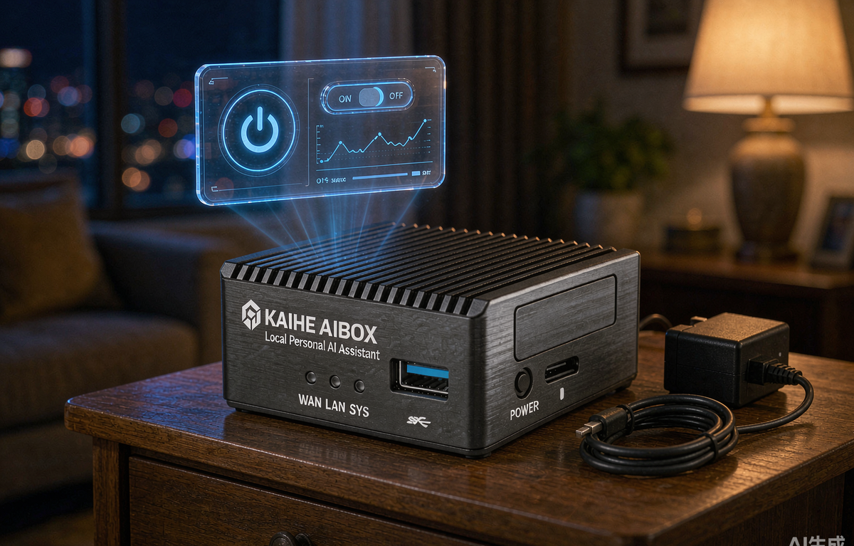 A KAIHE AIBOX agent computer running on a side table at night, with a translucent blue power control panel floating above it
