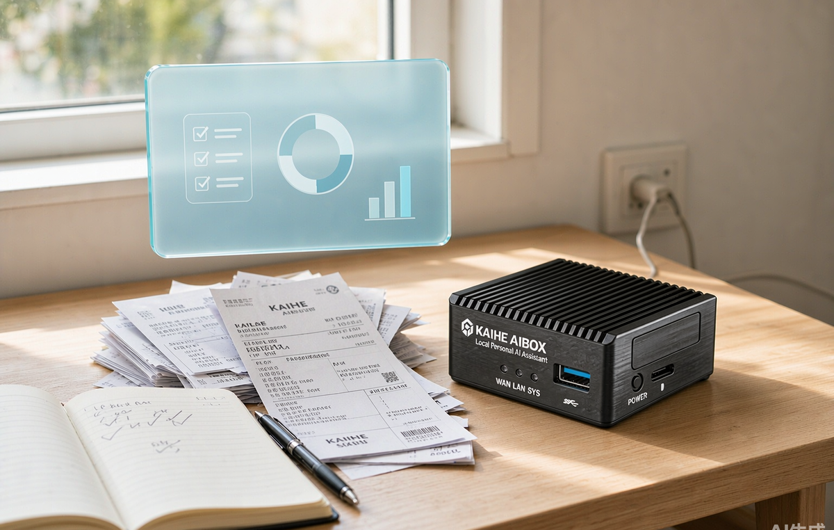 KAIHE AIBOX local AI agent on a home desk automatically organizing invoices and a handwritten checklist, blue panel showing progress