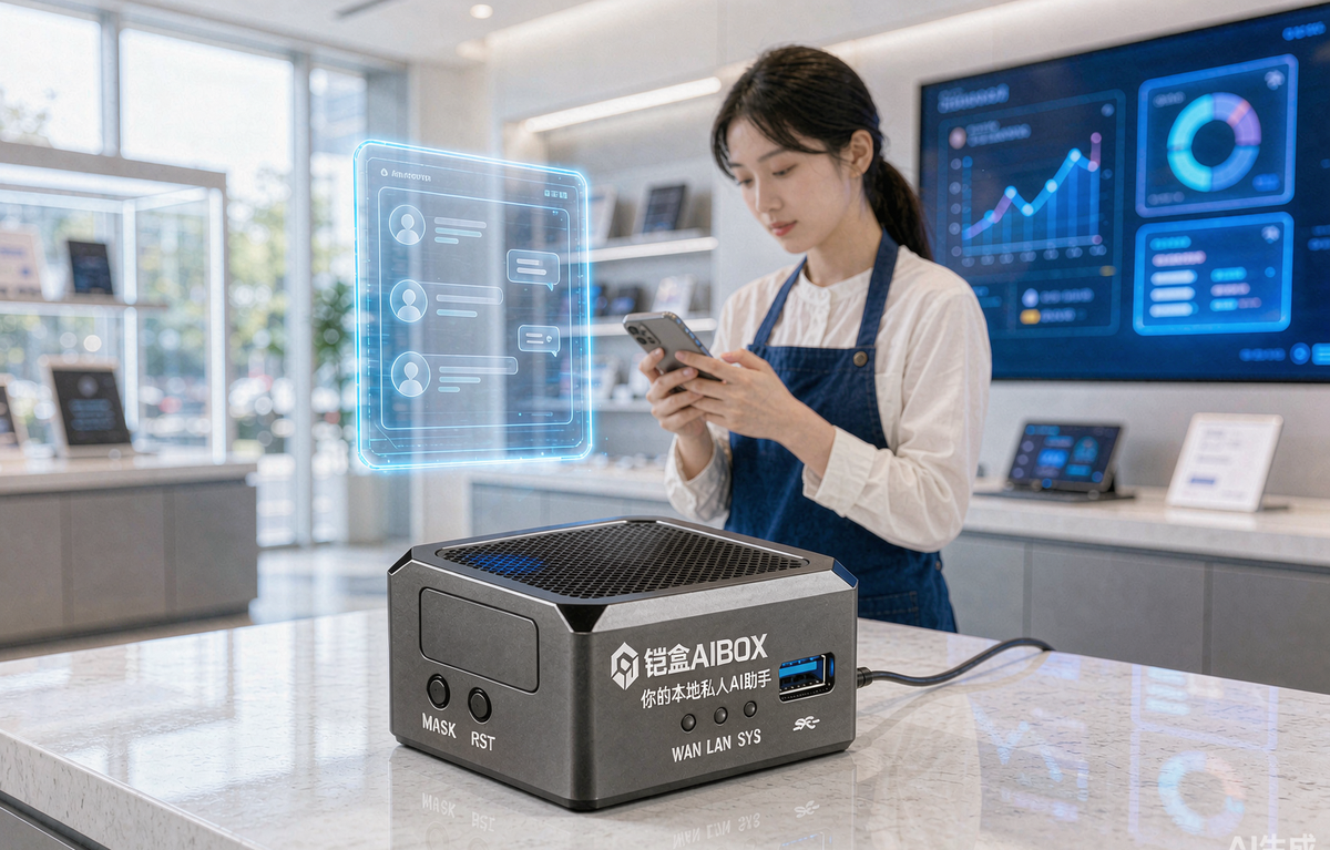 奶茶店柜台场景：店员一边看手机一边处理消息，柜台上的铠盒AIBOX 本地AI助手正在持续运行