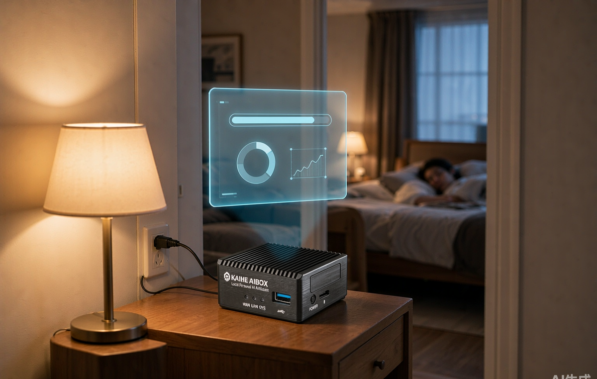 Late at night, the KAIHE AIBOX local AI assistant keeps running in the living room with a floating blue progress panel while the owner sleeps