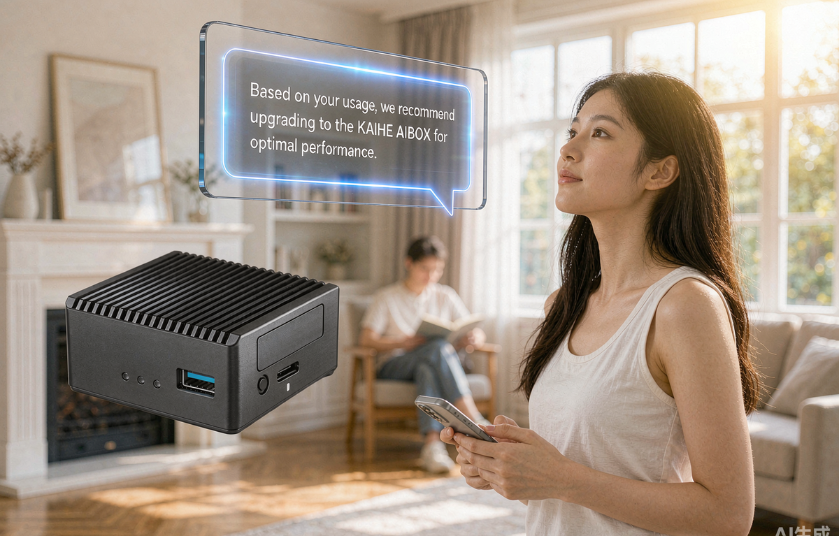 KAIHE AIBOX local personal AI assistant in a living room, responding to voice commands with a floating blue panel showing tasks